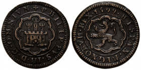 FELIPE III (1598-1621). 4 Maravedís (Ae. 7,46g/28mm). 1599. Segovia. C. (Cal-2019-250). MBC. Alabeada. Brillo no original. Escasa.