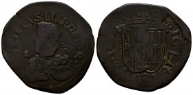 FELIPE IV (1621-1665). 2 Tornesi (Ae. 9,33g/34mm). Fecha no visible. Nápoles. Felipe IV como rey de Sicilia e Hispania en leyenda del reverso. BC.