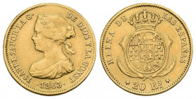 ISABEL II (1833-1868). 20 Reales. (Au. 1,66g/14mm). 1863/1. Madrid. (Cal-2019-674). MBC+. Leves rayitas de limpieza. Rara.