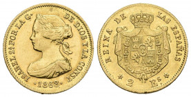 ISABEL II (1833-1868). 2 Escudos. (Au. 1,68g/15mm). 1868 *6-8. Madrid. (Cal-2019-676). EBC-/EBC. Marquitas en anverso. Rara.