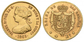 ISABEL II (1833-1868). 4 Escudos. (Au. 3,37g/18mm). 1865. Sevilla (Cal-2019-699). EBC-. Rayitas de limpieza. Escasa