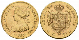 ISABEL II (1833-1868). 4 Escudos. (Au. 3,38g/18mm). 1866/5. Sevilla (Cal-2019-697). EBC-. Leves rayitas. Golpecito en canto. Escasa