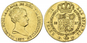 ISABEL II (1833-1868). 80 Reales. (Au. 6,73g/21mm). 1837. Barcelona PS. (Cal-2019-700). CONSTITUCION en la leyenda del anverso. EBC-/MBC+. Escasa.