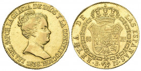 ISABEL II (1833-1868). 80 Reales. (Au. 6,74g/21mm). 1838. Barcelona PS. (Cal-2019-701). CONSTITUCION en la leyenda del anverso. EBC-. Escasa.