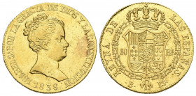 ISABEL II (1833-1868). 80 Reales. (Au. 6,79g/21mm). 1838. Barcelona PS. (Cal-2019-701). CONSTITUCION en la leyenda del anverso. EBC. Escasa.