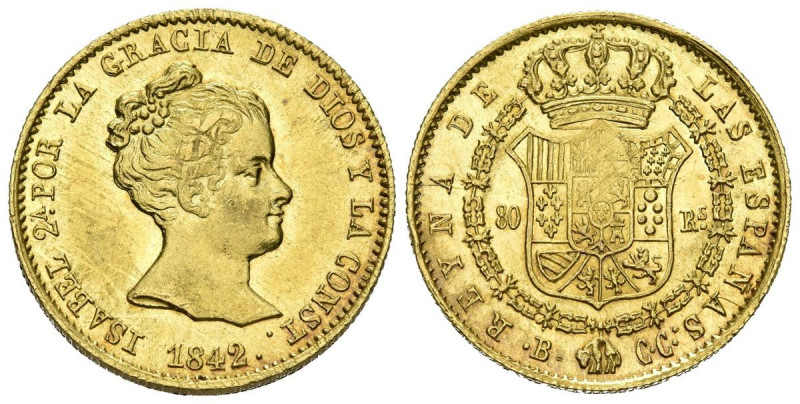 ISABEL II (1833-1868). 80 Reales. (Au. 6,76g/21mm). 1842. Barcelona CC. (Cal-201...