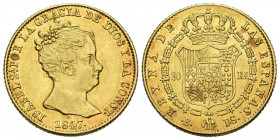 ISABEL II (1833-1868). 80 Reales. (Au. 6,73g/21mm). 1847. Barcelona PS. (Cal-2019-716). CONST en la leyenda del anverso. EBC. Restos de brillos origin...