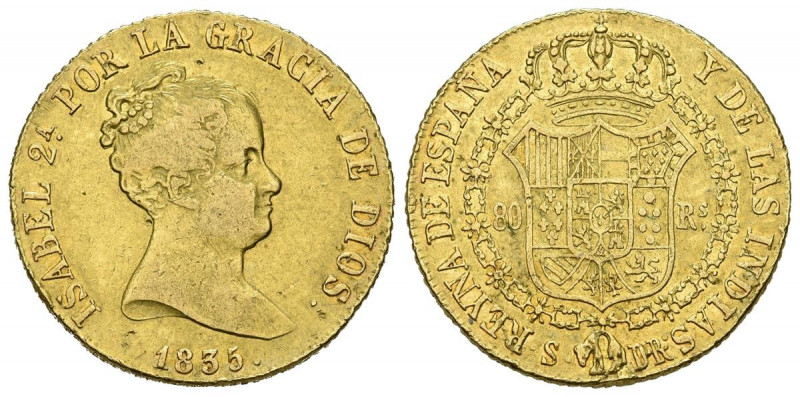 ISABEL II (1833-1868). 80 Reales. (Au. 6,76g/21mm). 1835. Sevilla DR. (Cal-2019-...