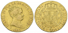 ISABEL II (1833-1868). 80 Reales. (Au. 6,76g/21mm). 1835. Sevilla DR. (Cal-2019-737). MBC+. Escasa.