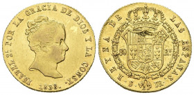 ISABEL II (1833-1868). 80 Reales. (Au. 6,73g/21mm). 1838. Sevilla DR. (Cal-2019-740). MBC/MBC+. Hojita en reverso. Escasa.