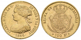 ISABEL II (1833-1868). 100 Reales. (Au. 8,36g/22mm). 1856. Barcelona SM. (Cal-2019-766). EBC-. Leves rayitas. Escasa.