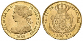 ISABEL II (1833-1868). 100 Reales. (Au. 8,29g/22mm). 1859. Barcelona SM. (Cal-2019-770). SC-. Rayita en anverso.