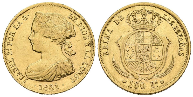 ISABEL II (1833-1868). 100 Reales. (Au. 8,37g/22mm). 1861/0. Barcelona SM. (Cal-...