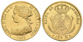 ISABEL II (1833-1868). 100 Reales. (Au. 8,37g/22mm). 1861/0. Barcelona SM. (Cal-2019-773). EBC-. Leves rayitas. Rara.