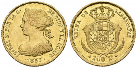 ISABEL II (1833-1868). 100 Reales. (Au. 8,43g/22mm). 1857. Madrid. (Cal-784). EBC+. Leves marquitas. Escasa.