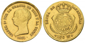 ISABEL II (1833-1868). 100 Reales. (Au. 8,36g/22mm). 1851. Sevilla. (Cal-2019-793, catalogada como RRR). MBC. Rarísima y probablemente inédita.

Sol...