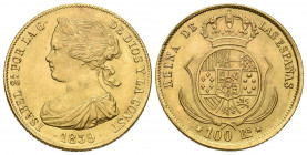 ISABEL II (1833-1868). 100 Reales. (Au. 8,41g/22mm). 1859. Sevilla. (Cal-800). SC. Brillo original.