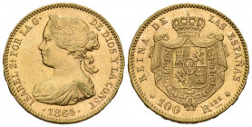 ISABEL II (1833-1868). 100 Reales. (Au. 8,38/22mm). 1864. Sevilla. (Cal-807) EBC. Rara pieza y más así.