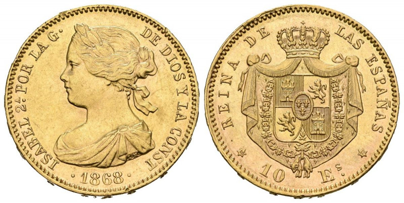 ISABEL II (1833-1868). 10 Escudos. (Au. 8,40g/22mm). 1868 *18-73. Madrid. (Cal-2...