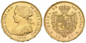 ISABEL II (1833-1868). 10 Escudos. (Au. 8,40g/22mm). 1868 *18-73. Madrid. (Cal-2019-41). Acuñada bajo la I República. MBC+. Marcas en el canto probabl...