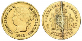 ISABEL II (1833-1868). 1 Peso. (Au. 1,69g/15mm). 1868. Manila. (Cal-2019-833). MBC. Usada como joya. Soldadura vertical en reverso.