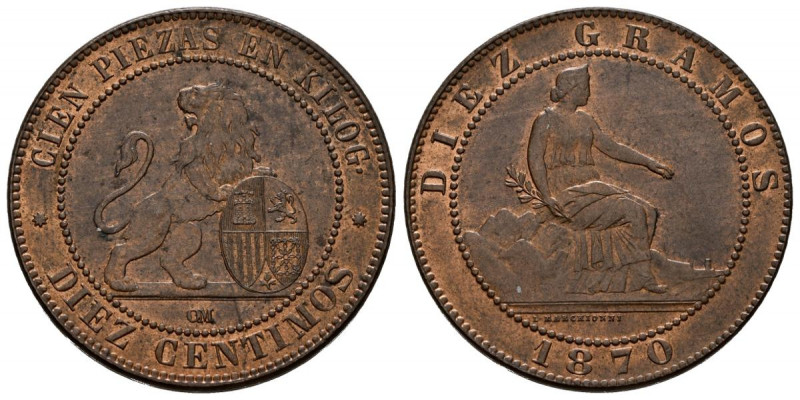 GOBIERNO PROVISIONAL (1868-1871). 10 Céntimos (Ae. 10,03g/30mm). 1870. Barcelona...