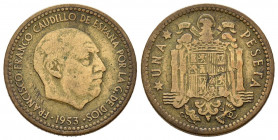 ESTADO ESPAÑOL (1936-1975). 1 Peseta. (AlCu. 3,41g/21mm). 1953. Segunda estrella no visible. (Cal-2019-Tipo 16). Reverso girado 90 grados. MBC.