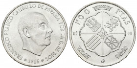 ESTADO ESPAÑOL (1936-1975). 100 Pesetas. (Ar. 19,09g /34mm). 1966 *19-68. Madrid. (Cal-2019-147). SC. Leves marquitas. Brillo original.