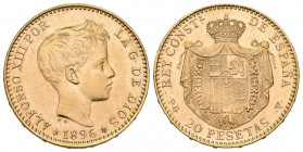 ESTADO ESPAÑOL (1936-1975). 20 Pesetas. (Au. 6,45g/21mm). 1896 *19-61. Madrid PGV. (Cal-2019-172). EBC+. Rara. Tirada de sólo 900 ejemplares