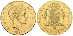 ESTADO ESPAÑOL (1936-1975). 100 Pesetas. (Au. 31,94g/35mm). 1897 *19-62. Madrid SGV. (Cal-2019-178). Reacuñación oficial. EBC+. Insignificantes Rayita...