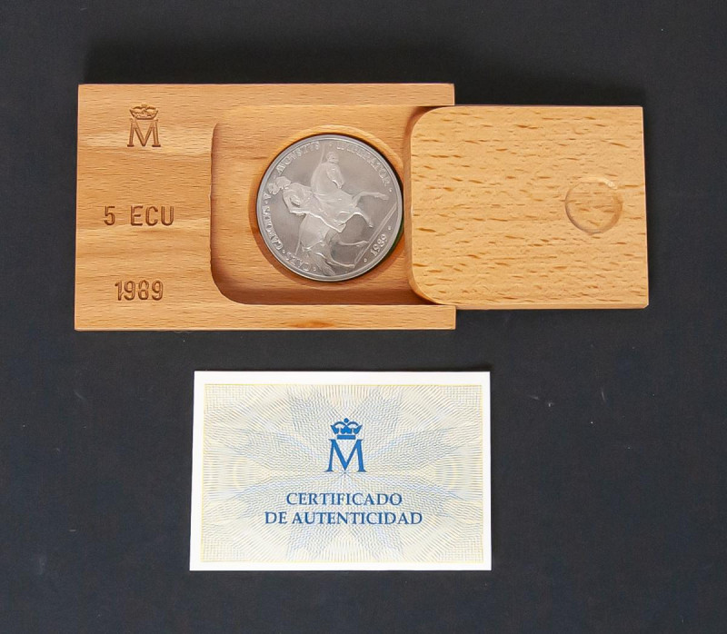 JUAN CARLOS I (1975-2014). 5 Ecu. (Ar. 33,62g / 42mm). 1989. Carlos V. FNMT. FDC...