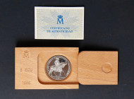 JUAN CARLOS I (1975-2014). 5 Ecu. (Ar. 33,62g/42mm). 1989. FNMT. Madrid. Carlos V. PROOF. Incluye estuche original y certificado de autenticidad. Tira...
