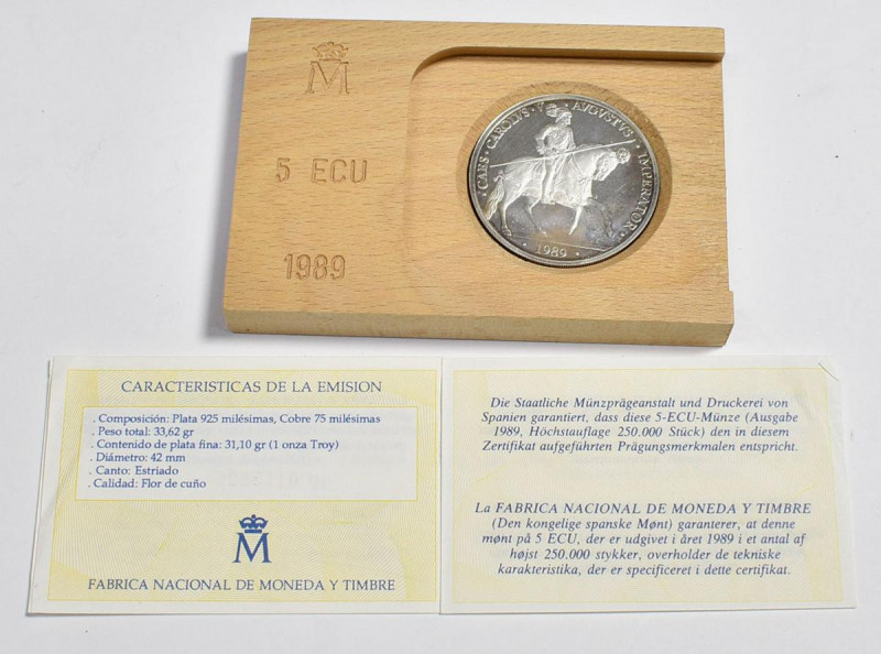 JUAN CARLOS I (1975-2014). 5 Ecu (Ar .33,62g/42mm). 1989. FNMT. Carlos V. Flor d...