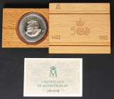 JUAN CARLOS I (1975-2014). 5000 pesetas. (Ar. 54.00g / 40mm). Serie I. Quinto Centenario. 1989. FNMT. PROOF. Presentada en estuche oficial con certifi...