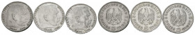 ALEMANIA. Conjunto de 3 piezas en plata de 5 Reichsmark acuñadas en 1936, III Reich, en tres cecas diferentes (Berlín, Stuttgart y Karlsruhe). Alto gr...