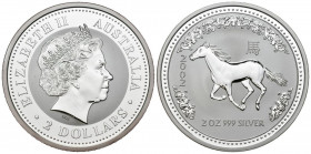 AUSTRALIA. 2 Dollars (Ar. 62,68g/50mm). 2002. Año del Caballo (Km#581). Plata de 0,999 milésimas. PROOF.