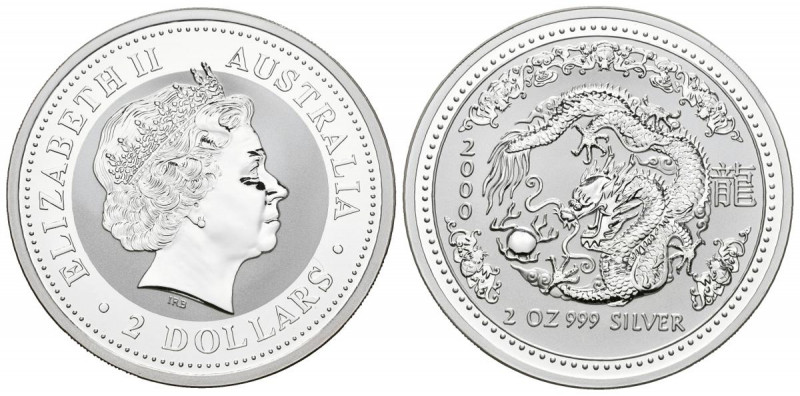 AUSTRALIA. 2 Dollars. (Ar. 63,06g/50mm). 2000. Año del Dragón. (Km#523). Plata d...