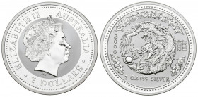 AUSTRALIA. 2 Dollars. (Ar. 63,06g/50mm). 2000. Año del Dragón. (Km#523). Plata de 0,999 milésimas. PROOF.