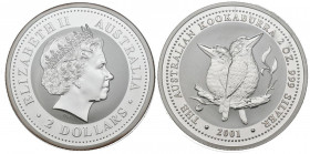 AUSTRALIA. 2 Dollars. (Ar. 62,47g/50mm). 2001. Kookaburra. (Km#623.2). Plata de 0,999 milésimas. PROOF.