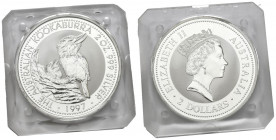 AUSTRALIA. 2 Dollars (Ar. 62,64g/50mm). 1997. Kookaburra. Plata de 0,999 milésimas. (Km#319). PROOF. Incluye cápsula original.