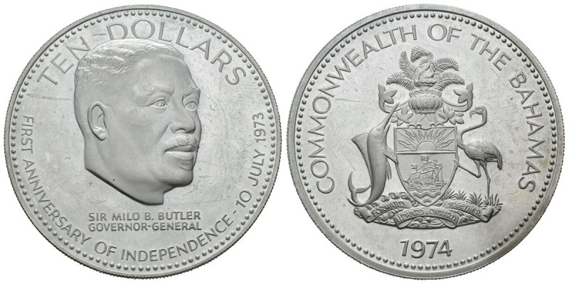BAHAMAS. 10 Dollars. (Ar. 50,20g/50mm). 1974. Primer año de Independencia. (Km#6...