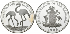 BAHAMAS. 25 Dollars. (Ar. 129,90g/63mm). 1985. Flamencos. (Km#115). Plata de 0,925 milésimas. PROOF.
