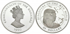 BAHAMAS. 25 Dollars. (Ar. 136.69g/63mm). 1990. Descubrimiento del Nuevo Mundo. (Km#134). Plata de 0,925 milésimas. PROOF.