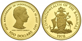 BAHAMAS. 100 Dollars (Au. 13,69g/27mm). 1978. 50 Aniversario de la Independencia. Príncipe Carlos. (Km#80). Oro de 0,963 milésimas. PROOF.