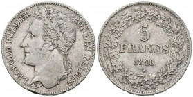 BÉLGICA. 5 Francs (Ar. 24,79g/37mm). 1848. Leopoldo I. (Km#3.2). MBC-.