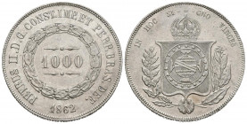 BRASIL. 1000 Reis. (Ar. 12,61/30mm). 1862. Pedro II. (Km#465). EBC+.