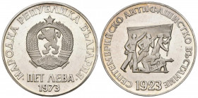 BULGARIA. 5 Leva. (Ar. 20,55g/36mm). 1973. 50º Aniversario del Levantamiento Antifascista. (Km#83). PROOF.