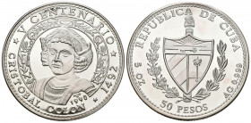CUBA. 50 Pesos. (Ar. 155,33g/65mm). 1990. V Centenario. Cristobal Colón. (Km#294). Plata de 0,999 milésimas. SC. Sólo 2000 acuñaciones.