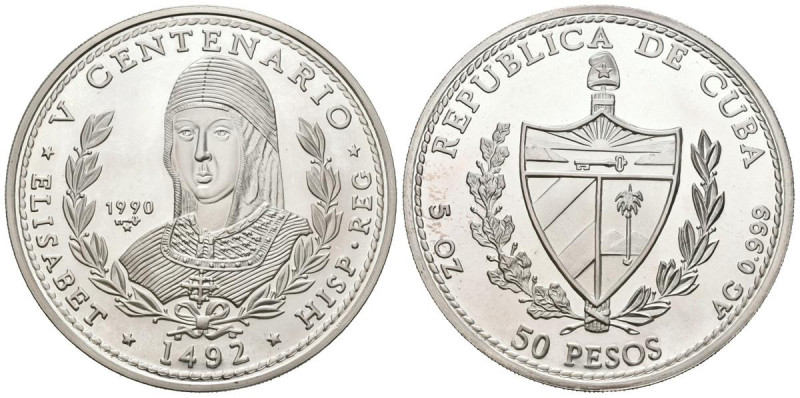 CUBA. 50 Pesos. (Ar. 155,44g/65mm). 1990. V Centenario. Isabel Reina de España. ...