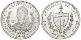 CUBA. 50 Pesos. (Ar. 155,44g/65mm). 1990. V Centenario. Isabel Reina de España. (Km#296). Plata de 0,999 milésimas. SC. Sólo 2000 acuñaciones.